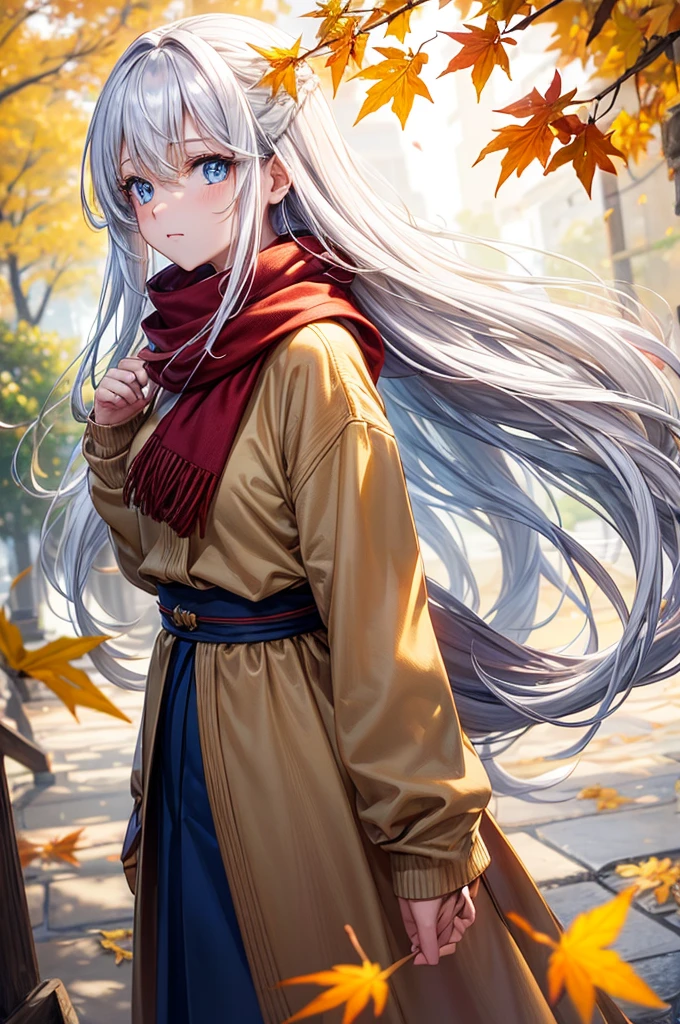 (work of art), best qualityer, ultra detali, illustration, warm lighting, soft lighting, shiny colors, 1 girl, standing alone,( beautiful girl, long hair, blue colored eyes, cinta, White hair, hair between the eyes, hair cinta, side locks, very long hair, Messy hair,) , Thu, many maple, maple leaves, golden leaves, folhagem de Thu, dried leaves, Riu,  Fresh air,  Peace, fresh breeze , Pleasant climate,( wear a white or brown sweater, red scarf, It&#39;s temperamental, Melancholic, Melancholic, Grieving ,preoccupied, yearning,), ((breasts big)), ((big-ass)) (((sexy clothes)))