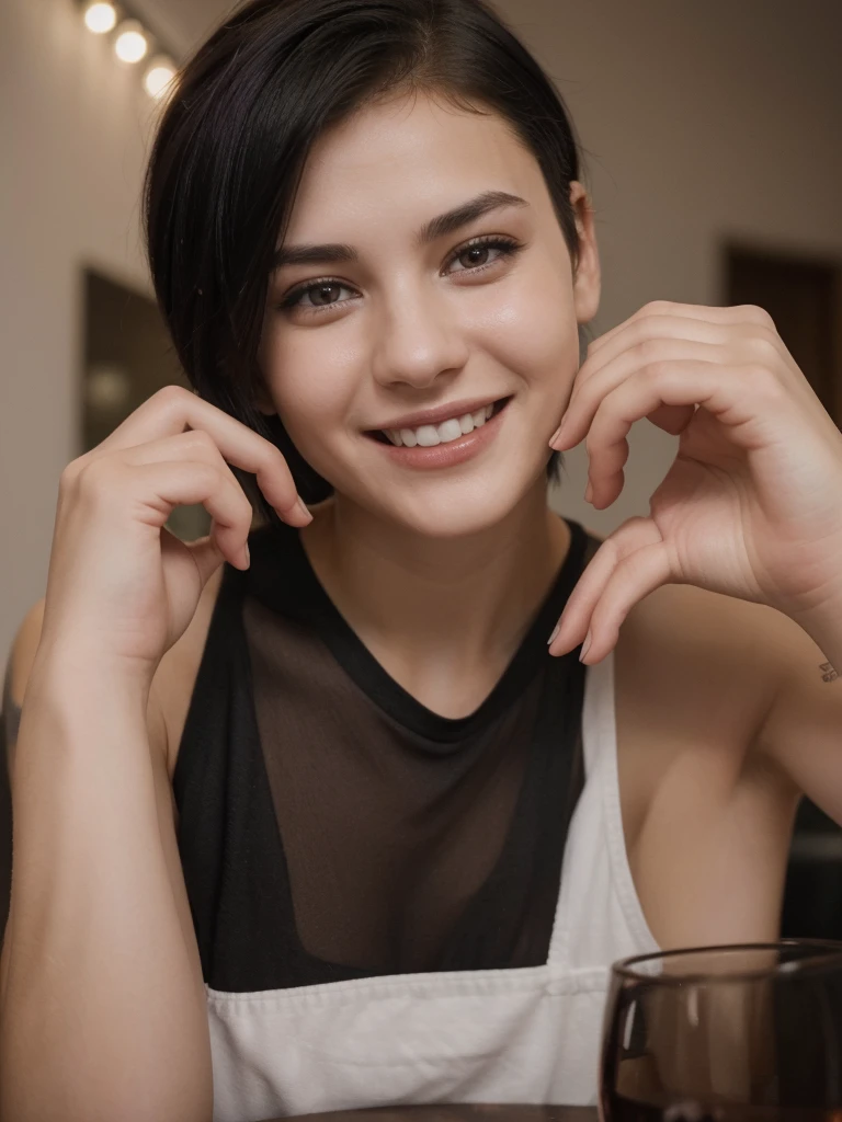 8k, RAW photo, best quality, ultra high resolution, photorealistic, 18 year old slim girl with black purple short undercut haircut, dinner, smiling, perfect hands
