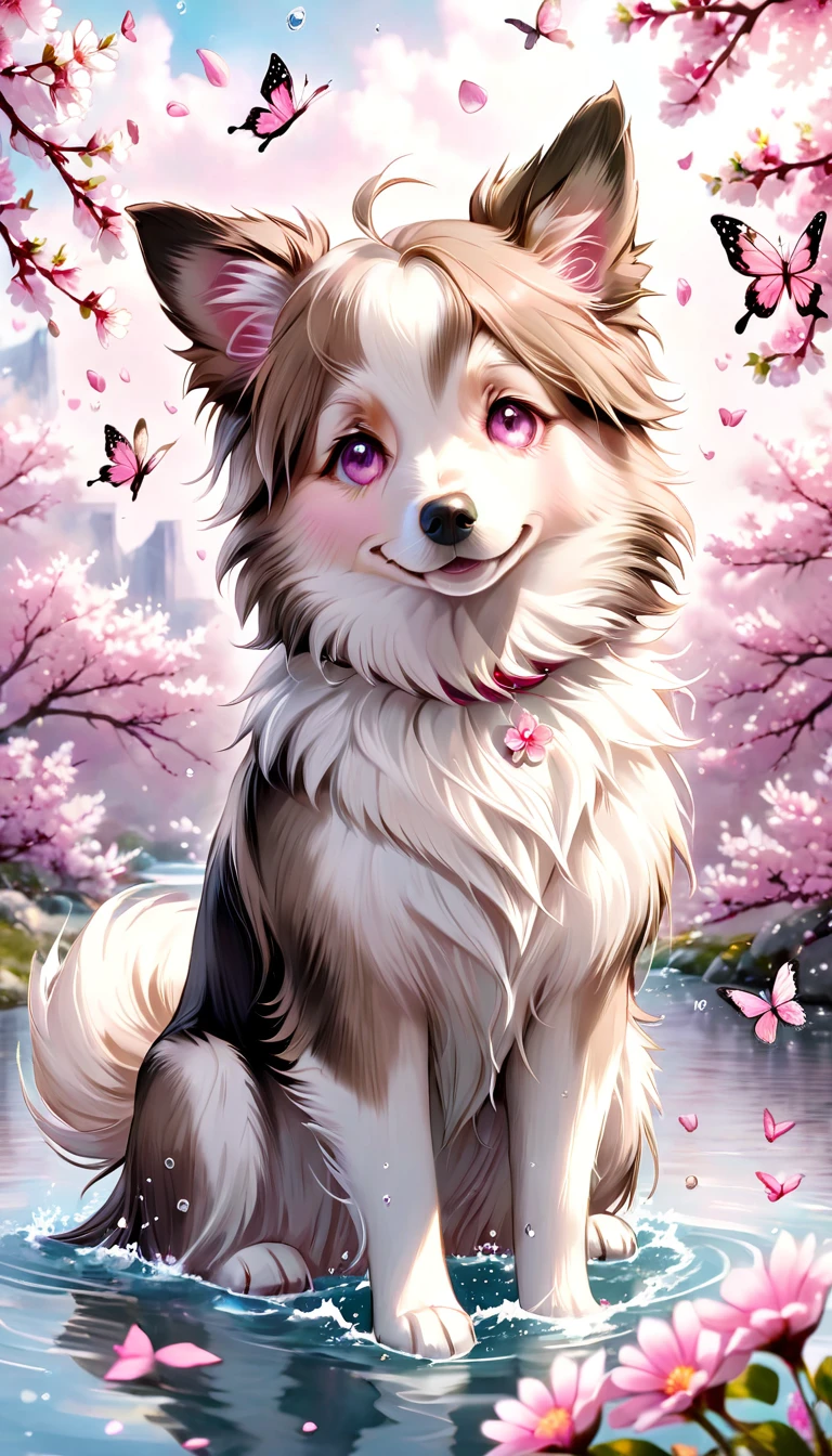 absurdres, highres, ultra detailed, HDR, master piece, best quality, extremely detailed, dog, border collie doble merle, white fur, light brown around the eyes, light brown ears, brown eyes, solo, cute, small, fantasy, magical, magic, pink butterflies, pink petals, pink flowers, water, blossoms