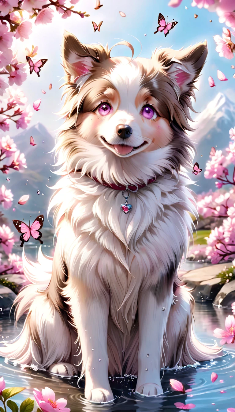 absurdres, highres, ultra detailed, HDR, master piece, best quality, extremely detailed, dog, border collie doble merle, white fur, light brown around the eyes, light brown ears, brown eyes, solo, cute, small, fantasy, magical, magic, pink butterflies, pink petals, pink flowers, water, blossoms