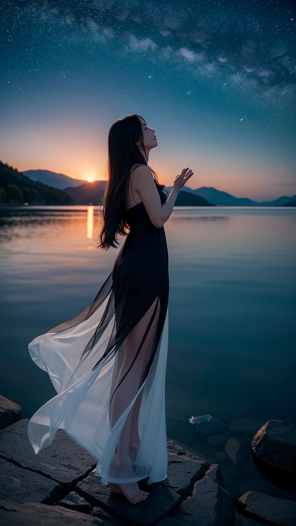 “A high-resolution, fantastical image of a long-haired woman with black hair standing by the lakeside. She is positioned at the edge of the frame, her hands clasped together in a prayer-like gesture, eyes closed, and looking up at the sky. Place a first-magnitude star prominently in the sky as if she is making a wish upon it. The woman’s silhouette should glow in the darkness, highlighting her presence. Capture the scene with a magical and ethereal quality.”