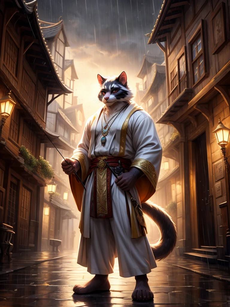 Anthro, white mein coon cat, full body, male, adult, hand paws, long fluffy tail, strong, light robe, light pants, flip flop, fancy modern japenese clothing, ornate clothing, necklace with pendant, holding archery bow, abdomen on display, serious look, warm expression, hairy body, 8K, dynamic lighting, ultra detailed, masterpiece, street of a medieval town, raining