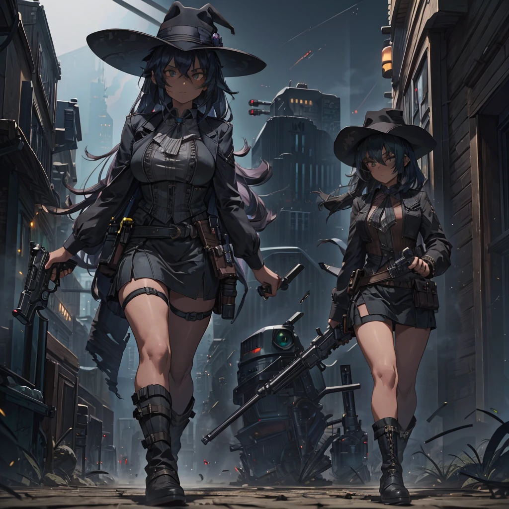 Attractive woman,Gunman:Bounty Hunter,Black clothes,mini skirt,Dark knee socks,Western Boots,Western Hat,Big Breasts,Holster on waist,Possess a revolver pistol,Walking in the Western City,Long Straight Hair,Dark emerald colored hair