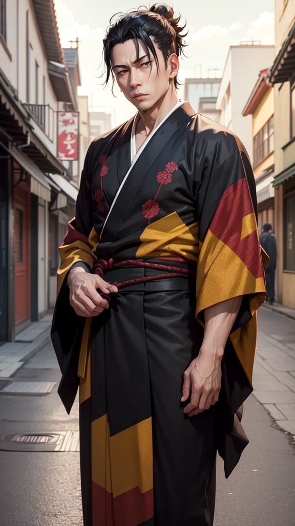 
A HANDY CHARACTER WITH BLACK HAIR, LONG AGA, BROWN EYES, HANDSOME FACE,WEARING A KIMONO NAMED "SUGURU GETO" IN THE ANIME STORY SERIES"(JUJUTSU KAISEN), STANDING IN THE MIDDLE OF A BEAUTIFUL CITY, WITH REALISTIC HDR -8K EFFECTS.