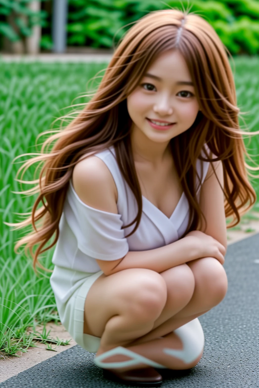 Twenty year old girl、Flowing, outward-curling long hair、smile、looking at the camera、Vulpix、camisole、Chest、mini skirt、mini skirtでしゃがむ、White panties are visible、Squatting in heels