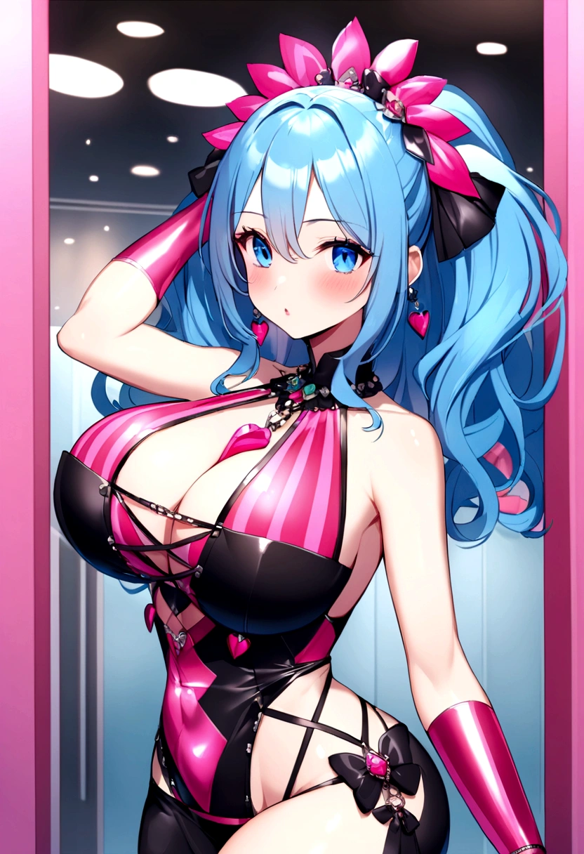 do shop. Pink and flashy clothes. busty. Big blue hair. eyes black.