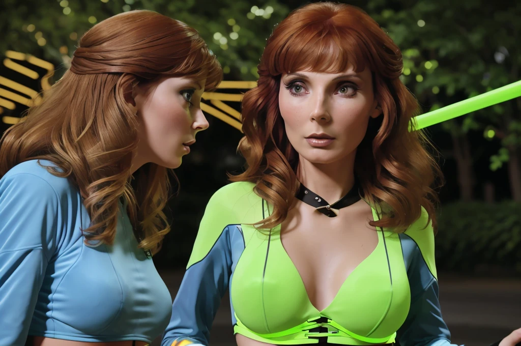 Beverly crusher, age 25, beautiful detailed eyes, beautiful detailed lips, extremely detailed eyes and face, long eyelashes, neon green rave outfit, Carrying green glow stick wands and wearing glowing jewelry, walking on street at night in bangkok leading people to a rave, crowded street, light rain, friendly and flirtatious expression, photorealistic, 8k, (best quality,4k,8k,highres,masterpiece:1.2),ultra-detailed,(realistic,photorealistic,photo-realistic:1.37),HDR,UHD,studio lighting,ultra-fine painting,sharp focus,physically-based rendering,extreme detail description,professional,vivid colors,bokeh (Attention: Show her from head to toe, full body shown, show all of her)