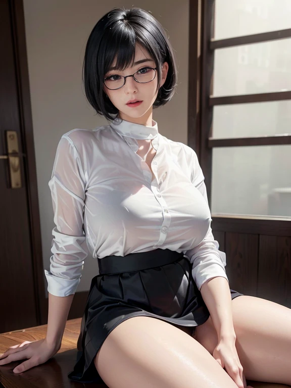 8K, RAW Photos, Highest quality, masterpiece, Realistic, Realistic, (1 Ultimate beauty), Mature Woman,(Strictly adhere to a composition where only one person appears in the photo)、(wear rimless glasses)((Wearing a white shirt)) (((Wearing a black flared skirt)))((Show your body line beautifully))((Wet and transparent))Highly detailed face, fine grain, eyelash, Lip details, ((( Black Hair, Short bob hairstyle that follows the lines of the face))), Big Breasts,((Increase nipple protrusion))(((Accentuate your cleavage)))(((Squat posture)))(((Squat with your legs wide apart)))Cowboy Shot,  Soft Light, ((Written boundary depth)) 
Proceed with caution，((30 years old, Japanese women)), (((Plump body, Tight waist, moderately fleshy thighs,,,,,,,,,,,,,,,,,,,))), (((Front view, Realistic buttocks, moderately sized buttocks)))