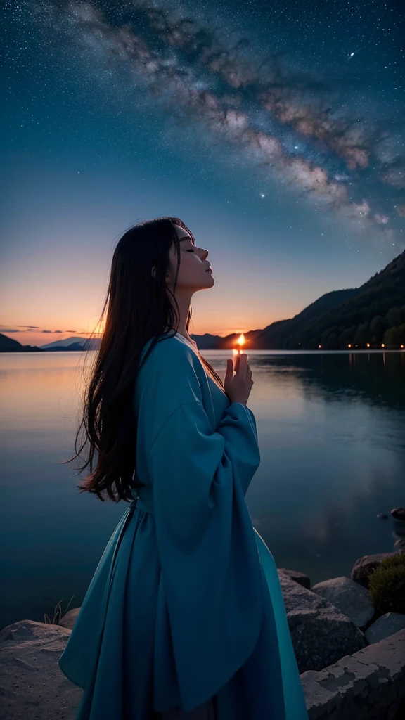 “A high-resolution, fantastical image of a long-haired woman with black hair standing by the lakeside. She is positioned at the edge of the frame, her hands clasped together in a prayer-like gesture, eyes closed, and looking up at the sky. Place a first-magnitude star prominently in the sky as if she is making a wish upon it. The woman’s silhouette should glow in the darkness, highlighting her presence. Capture the scene with a magical and ethereal quality.”