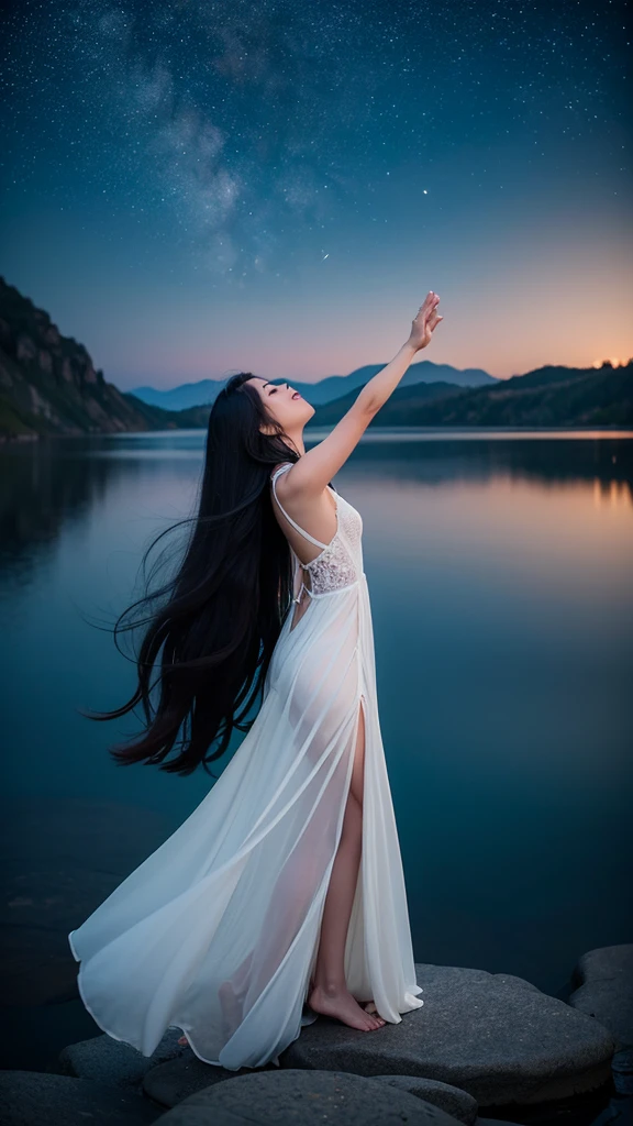 “A high-resolution, fantastical image of a long-haired woman with black hair standing by the lakeside. She is positioned at the edge of the frame, her hands clasped together in a prayer-like gesture, eyes closed, and looking up at the sky. Place a first-magnitude star prominently in the sky as if she is making a wish upon it. The woman’s silhouette should glow in the darkness, highlighting her presence. Capture the scene with a magical and ethereal quality.”
