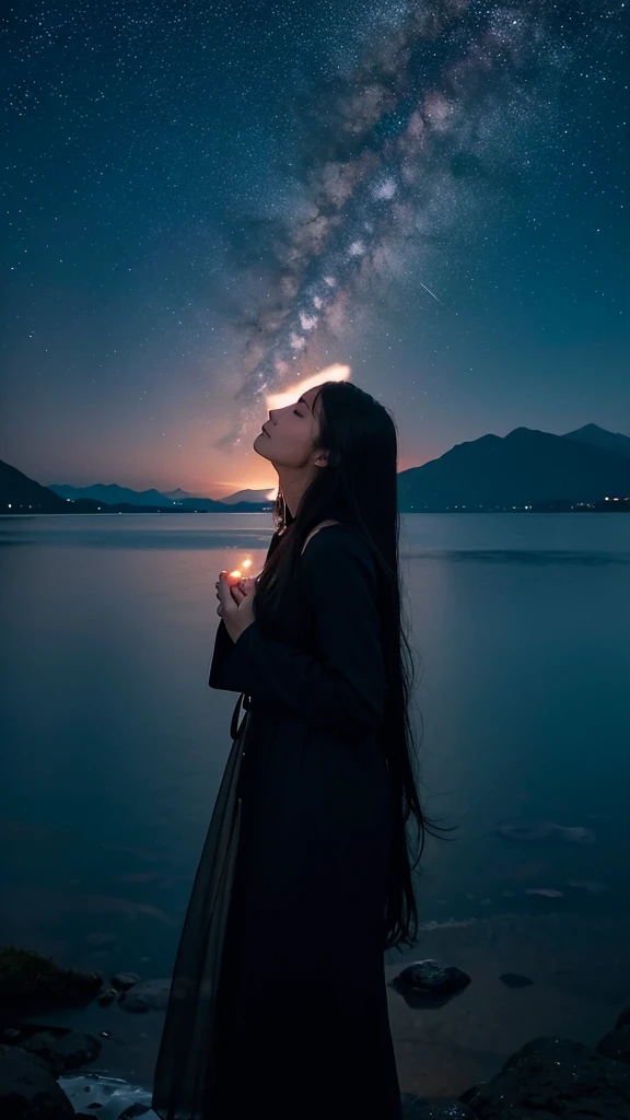 “A high-resolution, fantastical image of a long-haired woman with black hair standing by the lakeside. She is positioned at the edge of the frame, her hands clasped together in a prayer-like gesture, eyes closed, and looking up at the sky. Place a first-magnitude star prominently in the sky as if she is making a wish upon it. The woman’s silhouette should glow in the darkness, highlighting her presence. Capture the scene with a magical and ethereal quality.”
