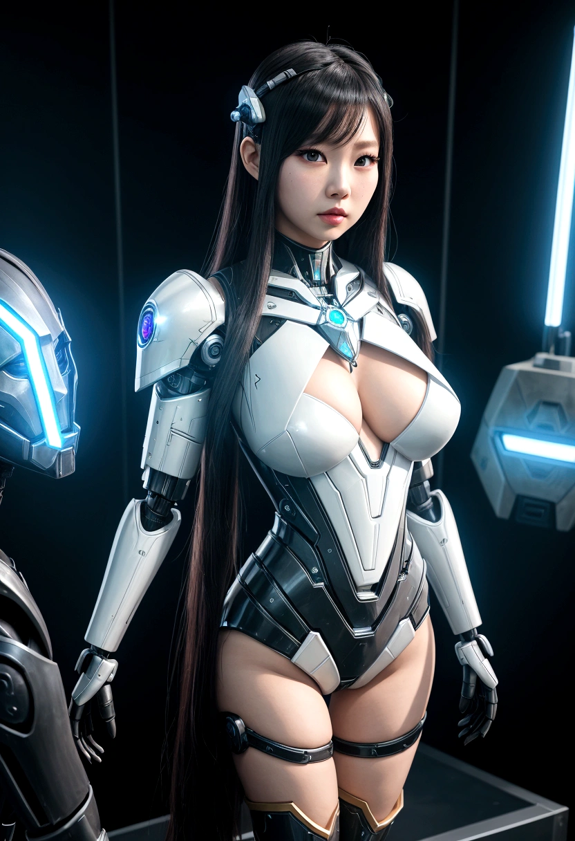 asian woman, standing, stop FRONT VIEW, tez blanca, korean, tits, futuristic clothing, modern outfit provided, NO DEFORMATIONS, beautiful, robot, cyborg, android, light, laser, League of Legends, splah art, sexy, the payment, chrome, Metal, FNAF, Animatronic, White y negro, shadows, contrast, linda, beauty, goddess, kpop, Twice, Blackpink, warframe, robots, EVERGLOW, Aespa, idol, star wars, steel, iron, Metal, the payment, Dark, lingerie, Dorado, gold, lights, trails, cables, wires, doll, doll, doll, haydee. neutral background, armor, haydee, hair without bangs, hair on the sides, long straight hair, hair without bangs, hair on the sides, White, White, lights y detalles celestes.