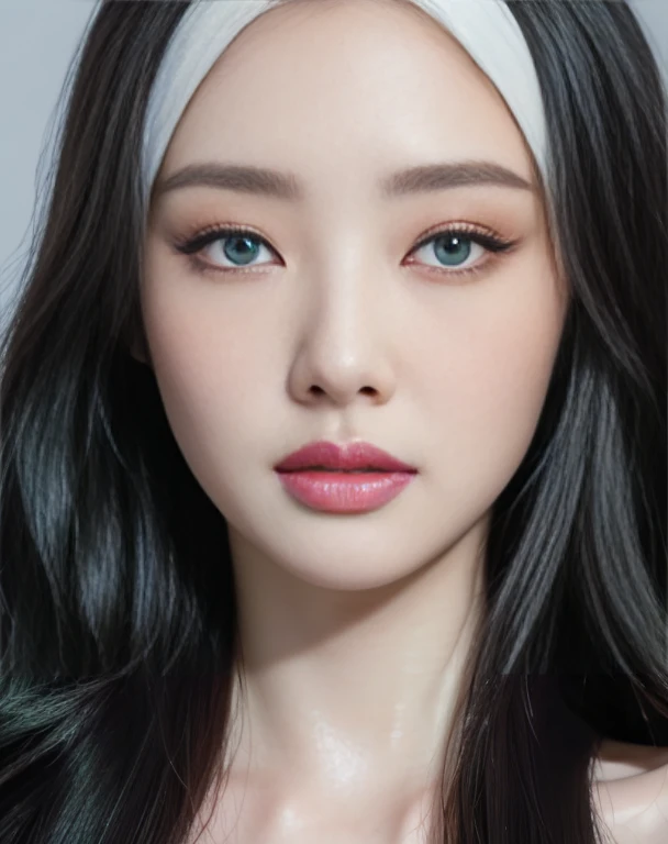 A closeup of a woman with long hair with deep rare green eyes., black and white hair, pale porcelain white skin, white skin and reflective eyes., pale milky white porcelain skin, South Korean popular makeup, skin with porcelain reflections, shiny porcelain skin, porcelain white skin, shiny skin, Face up, Popular Korean makeup, pointed face and gray eyes, beautiful pale makeup, beautiful realistic face