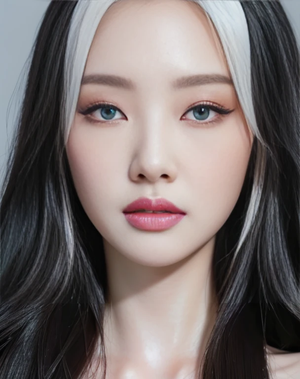 A closeup of a woman with long hair with deep rare green eyes., black and white hair, pale porcelain white skin, white skin and reflective eyes., pale milky white porcelain skin, South Korean popular makeup, skin with porcelain reflections, shiny porcelain skin, porcelain white skin, shiny skin, Face up, Popular Korean makeup, pointed face and gray eyes, beautiful pale makeup, beautiful realistic face