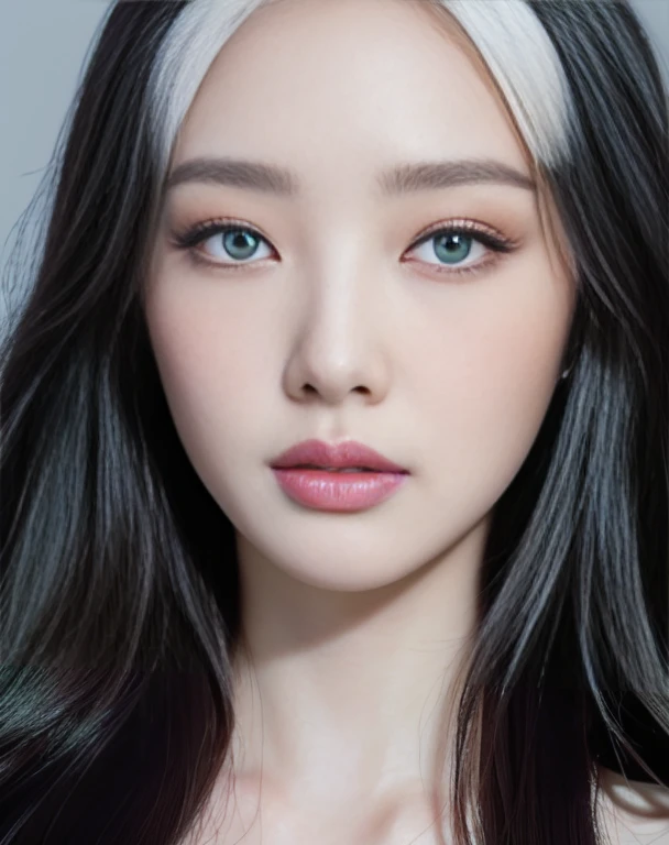 A closeup of a woman with long hair with deep rare green eyes., black and white hair, pale porcelain white skin, white skin and reflective eyes., pale milky white porcelain skin, South Korean popular makeup, skin with porcelain reflections, shiny porcelain skin, porcelain white skin, shiny skin, Face up, Popular Korean makeup, pointed face and gray eyes, beautiful pale makeup, beautiful realistic face
