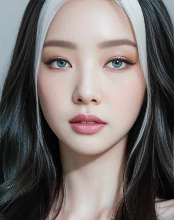 A closeup of a woman with long hair with deep rare green eyes., black and white hair, pale porcelain white skin, white skin and reflective eyes., pale milky white porcelain skin, South Korean popular makeup, skin with porcelain reflections, shiny porcelain skin, porcelain white skin, shiny skin, Face up, Popular Korean makeup, pointed face and gray eyes, beautiful pale makeup, beautiful realistic face