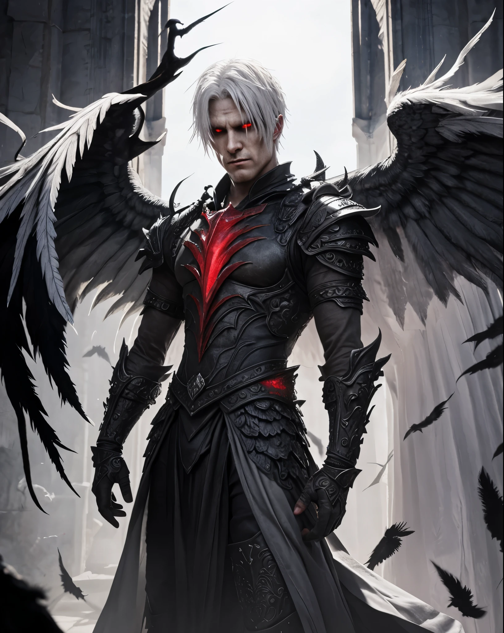 Realistic, with intricate details. real photo. A demon man, grayish skin, white hair, red eyes, wears black armor with red on the chest. It has raven wings.