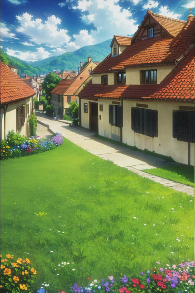 a beautiful countryside village,a quaint european town,colorful houses with red roofs,cobblestone streets,picturesque landscape,rolling hills,lush green meadows,blooming flowers,sun rays peeking through clouds,warm golden hour lighting,(best quality,8k,photorealistic,masterpiece:1.2),highly detailed,cinematic composition,vibrant colors,dramatic lighting,intricate architectural details,serene atmosphere