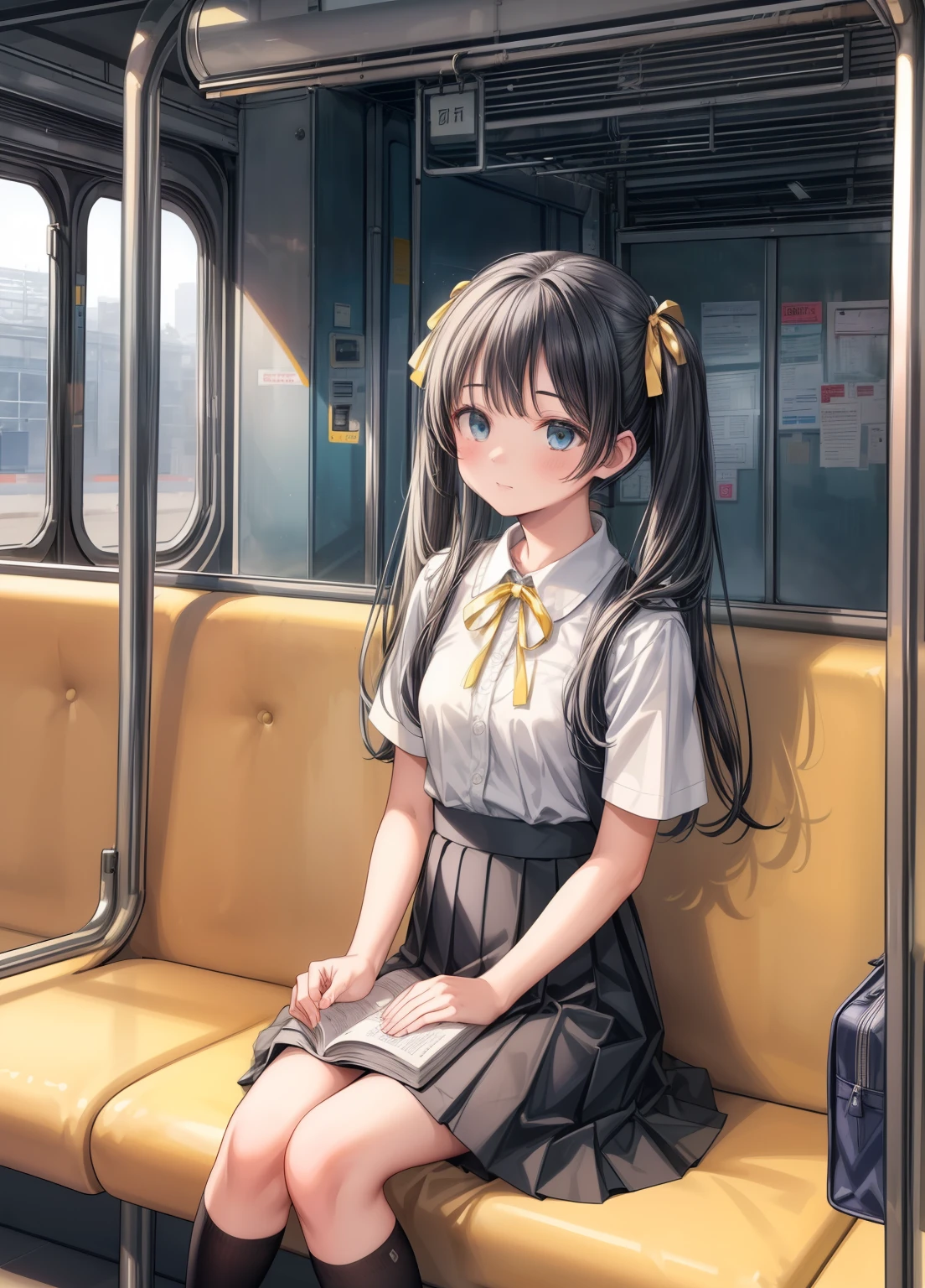 (masterpiece、Highest quality、Highest quality、Official Art、Beautiful and beautiful:1.2)、(One girl:1.3)Hatsune Miku、Twin tails,Beautiful breasts,Highest quality, Very detailed, Browsing Caution, Inside the train、station、Stand by、commute、Sit down and read a book, Read a paperback book、Small school bag, Clean look, (gokou ruri), One Girl, Black socks, Short sleeve, Grey Skirt, (Midi Skirt), Box Pleated Skirt, Hime cut, push into, White collared shirt, Yellow ribbon, blue eyes, Plain clothing