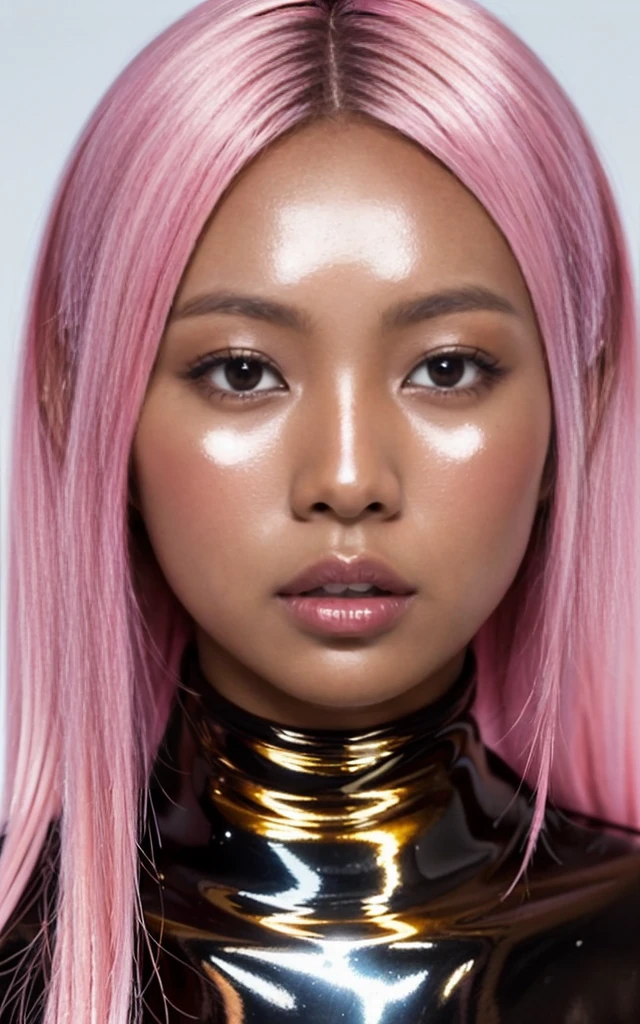gyaru, dark-skinned, (shiny oiled skin:1.3), pink hair, face close up, from under