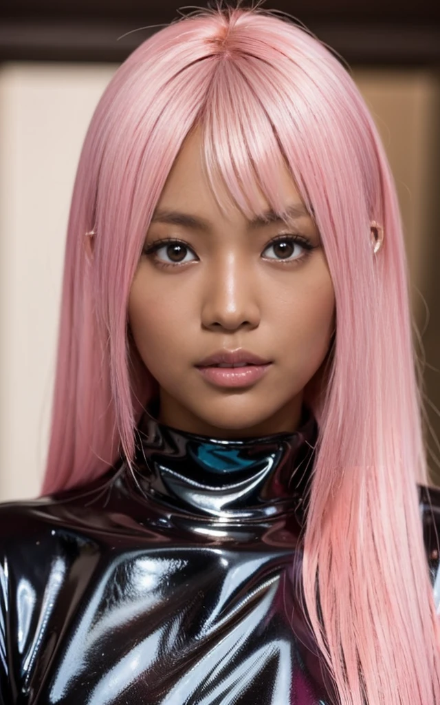 gyaru, dark-skinned, (shiny oiled skin:1.3), pink hair, face close up, from under