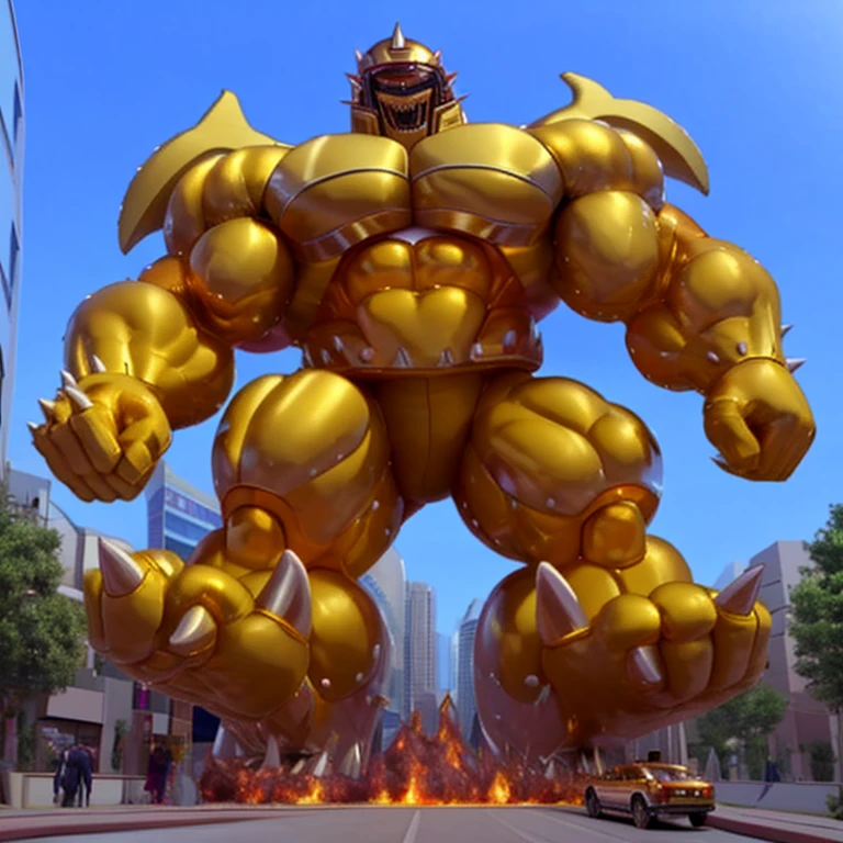 (Solo. masterpiece. official art. 8k. best quality. detailed full body. full body.)
(situation 1 : dominating Rubeus J. Rubeus J is over 1000 meters long. focus GIANT mechanical Muscular Rubeus J is trampling the city. Looking down. macro. stomp. Low-angle perspective. emphasizing the immense size. He is much bigger than a skyscraper. Giga Giants. looking down. foot focus, (soles:1.2))

(situation 2 :smoke and flames rising from the destruction in the city)

(Additional details 1: wearing a full-face helmet. golden armor. Armored Flazzard. Armored_Flazzard. high-tech bio-mecha armor. real texture material. whole body shines like metal.). 

(Additional details 2: (Detailed head. Detailed Body. Detailed abs. gigantic muscles. HYPER MUSCLES. Gigachad Muscular. big muscle. pecs. triceps. traps. unusually developed muscular body. body full of huge muscles. showing off muscles. pectorales enormes. Exaggeratedly huge muscles. huge muscles. long legs.).

(Additional details 3: Spread wings. It has wings. have big wings. The claws are sharp. Sharp teeth).