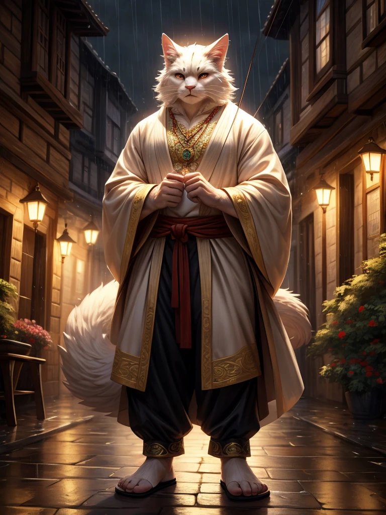Anthro, white fluffy cat, full body, male, adult, hand paws, long fluffy tail, strong, light robe, light pants, flip flop, fancy modern japenese clothing, ornate clothing, necklace with pendant, holding archery bow, abdomen on display, serious look, warm expression, hairy body, 8K, dynamic lighting, ultra detailed, masterpiece, street of a medieval town, raining