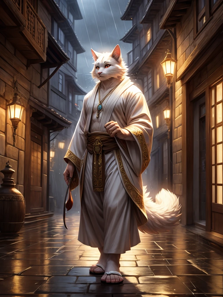 Anthro, white fluffy cat, full body, male, adult, hand paws, long fluffy tail, strong, light robe, light pants, flip flop, fancy modern japenese clothing, ornate clothing, necklace with pendant, holding archery bow, abdomen on display, serious look, warm expression, hairy body, 8K, dynamic lighting, ultra detailed, masterpiece, street of a medieval town, raining