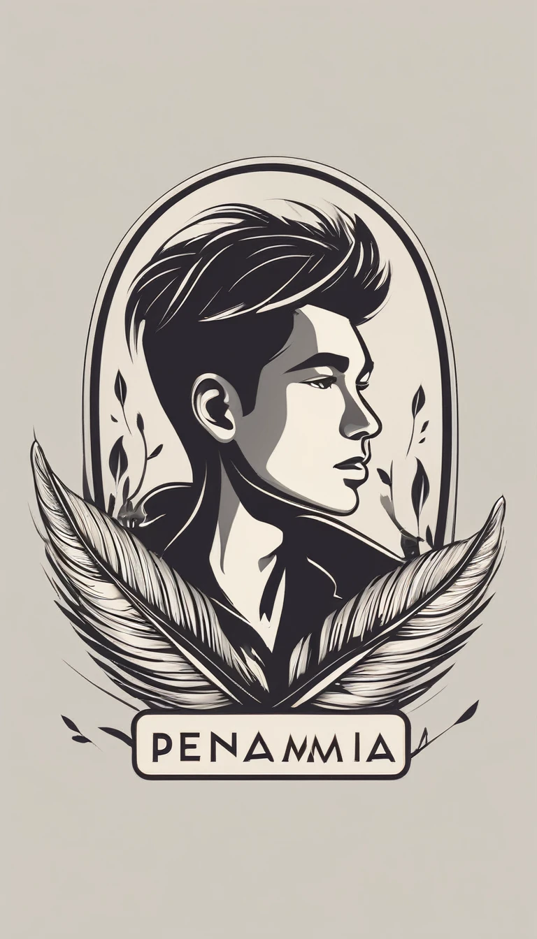 Create a minimal, modern, simple, inspirational, memorable, dream like logo design of a boy and a feather for the brand “Penamemoria".