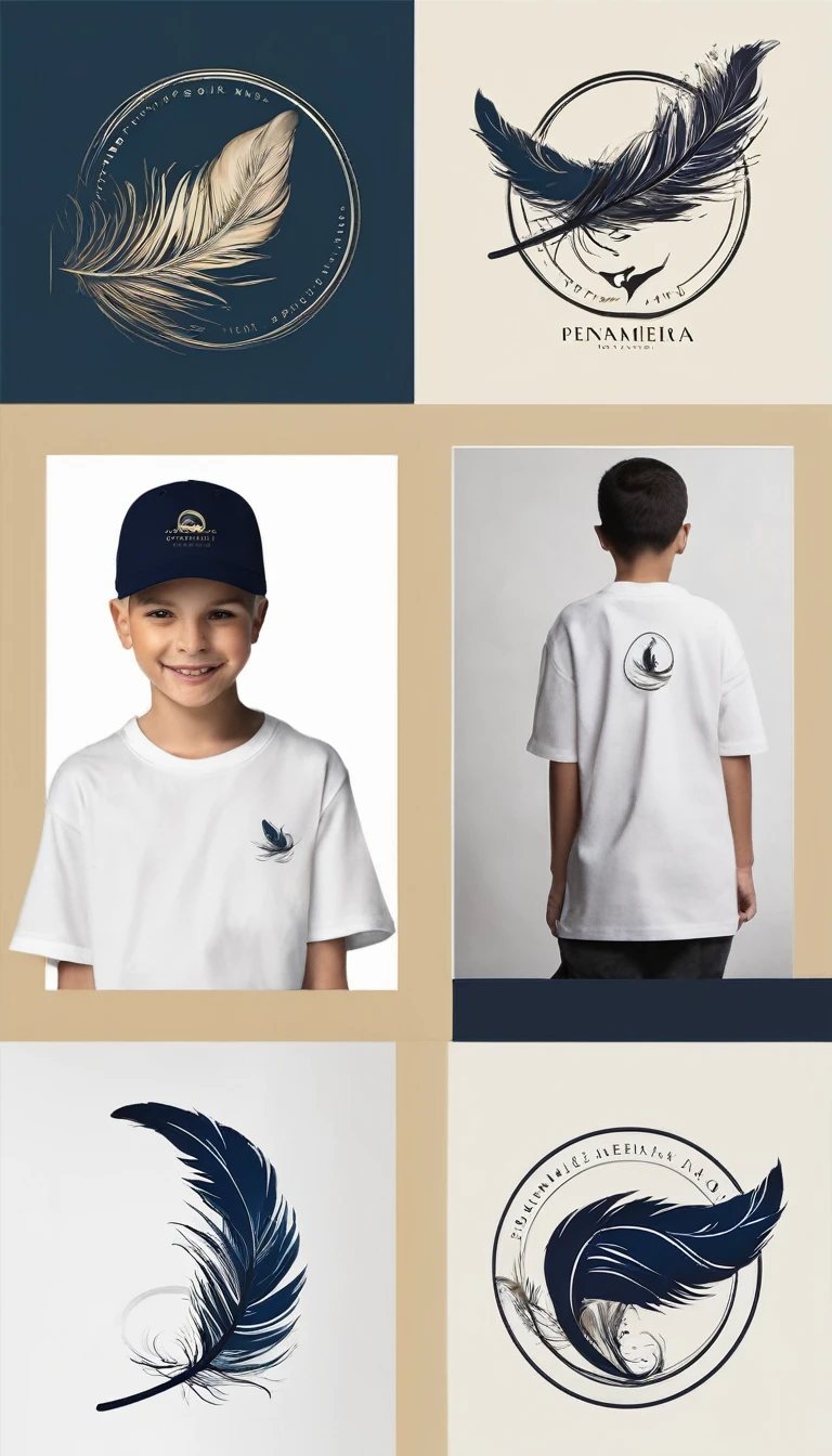 Create a minimal, modern, simple, inspirational, memorable, dream like logo design of a boy and a feather for the brand “Penamemoria".