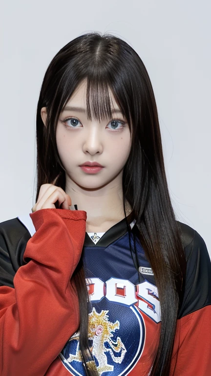 a close up of a person wearing a hockey jersey with deep blue eyes, anime girl in real life, anime inspired, chica anime cosplay, 1 7 year old anime gothic girl, anime vibes, animated styled, Realist anime 3 d style, hyper Realist anime, cosplay anime, animated style, Realist anime, animated style only, awesome anime face portrait, Sakimichan