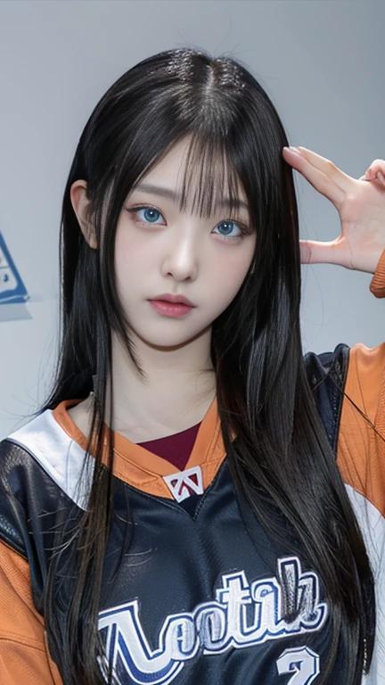 a close up of a person wearing a hockey jersey with deep blue eyes, anime girl in real life, anime inspired, chica anime cosplay, 1 7  anime gothic girl, anime vibes, animated styled, Realist anime 3 d style, hyper Realist anime, cosplay anime, animated style, Realist anime, animated style only, awesome anime face portrait, Sakimichan