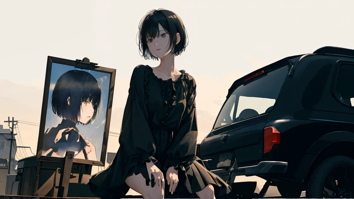 girl、blouse、Holding a gun、{{A sign with a black heart on it}},Black Hair、short hair、Look down、Sit on top of the car、sitting cross-legged、Watercolor、Looking into the distance、Stylish illustrations、One person、Not real、Simple illustration