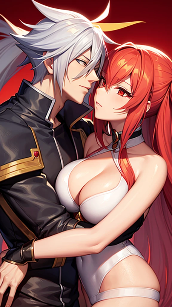 the character ragna from blazblue centralfiction kissing the character celica from blazblue centralfiction