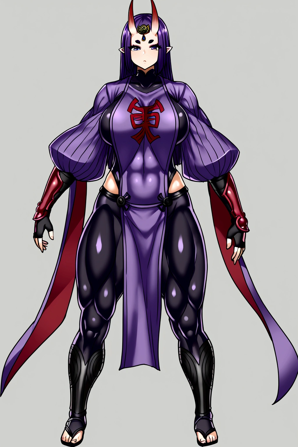 Shuten boy, parted bangs, purple eyes, purple hair, long hair, hime cut, forehead, arm guards, armor, black gloves, bodysuit, fingerless gloves, gloves, japanese armor, kote, loincloth, purple bodysuit, ribbed sleeves, tabard, toned, muscular body, full body.