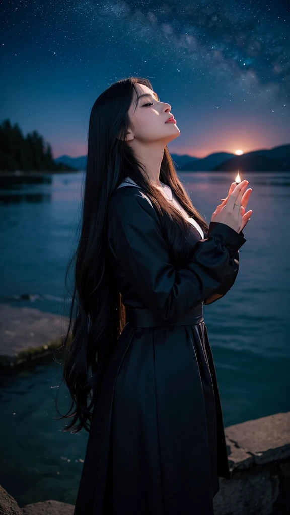 “A high-resolution, fantastical image of a long-haired woman with black hair standing by the lakeside. She is positioned at the edge of the frame, her hands clasped together in a prayer-like gesture, eyes closed, and looking up at the sky. Place a first-magnitude star prominently in the sky as if she is making a wish upon it. The woman’s silhouette should glow in the darkness, highlighting her presence. Capture the scene with a magical and ethereal quality.”
