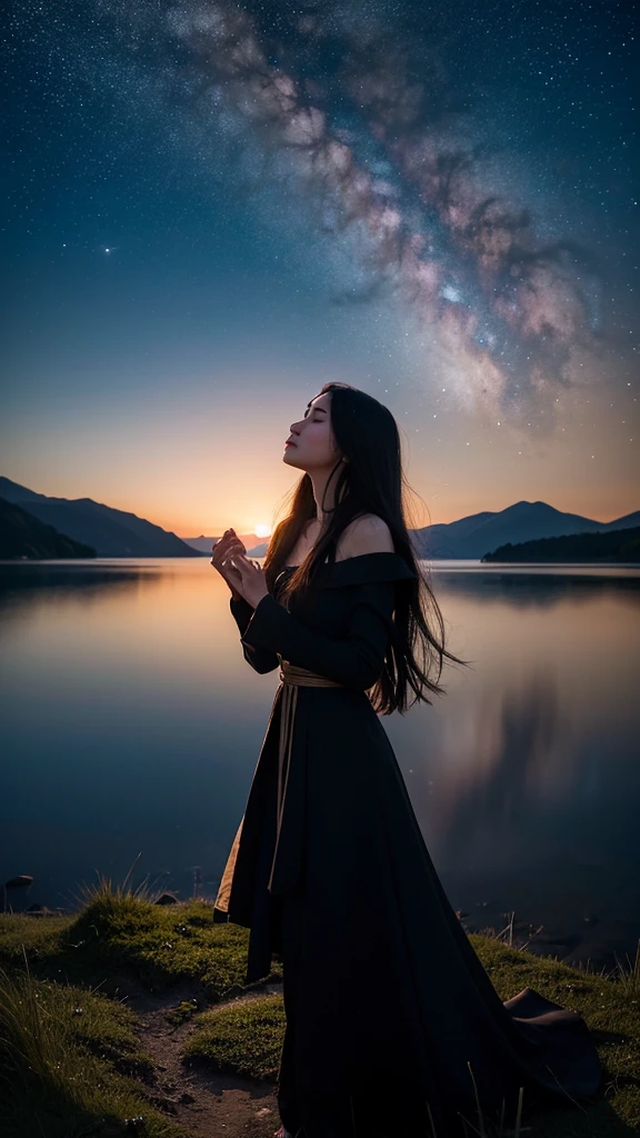 “A high-resolution, fantastical image of a long-haired woman with black hair standing by the lakeside. She is positioned at the edge of the frame, her hands clasped together in a prayer-like gesture, eyes closed, and looking up at the sky. Place a first-magnitude star prominently in the sky as if she is making a wish upon it. The woman’s silhouette should glow in the darkness, highlighting her presence. Capture the scene with a magical and ethereal quality.”