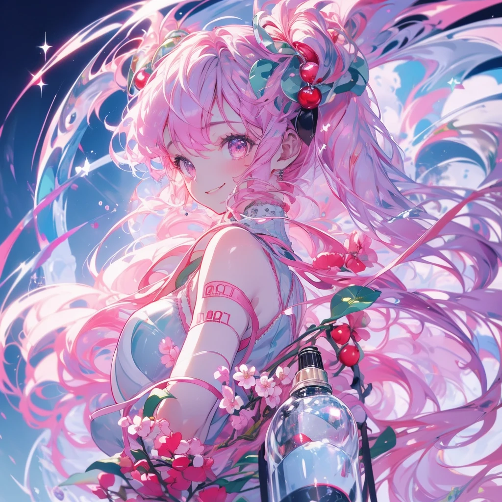 masterpiece、hatsune miku、Pink Hair、Long Hair、Cherry blossom hair accessory、The wind is blowing、Sparkling eyes、smile、Have a plastic bottle、Upper Body、(((Top view)))