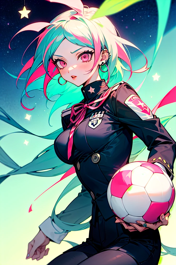 a girl from the danganronpa anime with turquoise blue hair with green and pink streaks, pink eyes with stars,  uniform,tits the size of a soccer ball, piercings, thick red lips