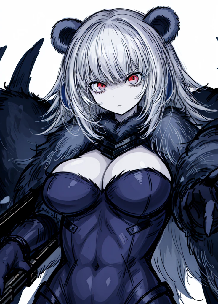 1girl ,white hair, pale fur beast ,blue beautiful clothes, (high resolution, high detail, best quality),blank background, alone, big breast, heavy gun, bear, red eyes, angry