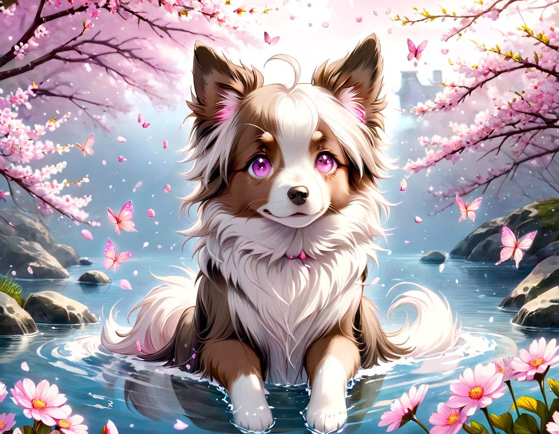 absurdres, highres, ultra detailed, HDR, master piece, best quality, extremely detailed, dog, border collie doble merle, white fur, light brown around the eyes, light brown ears, brown eyes, solo, cute, small, fantasy, magical, magic, pink butterflies, pink petals, pink flowers, water, blossoms