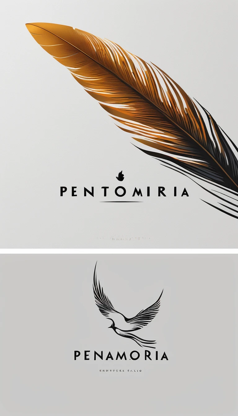 A minimal, modern, simple, cinematic logo design for the brand “Penamemoria". Create a modern, minimalistic, high-quality, logo of a feather-bird