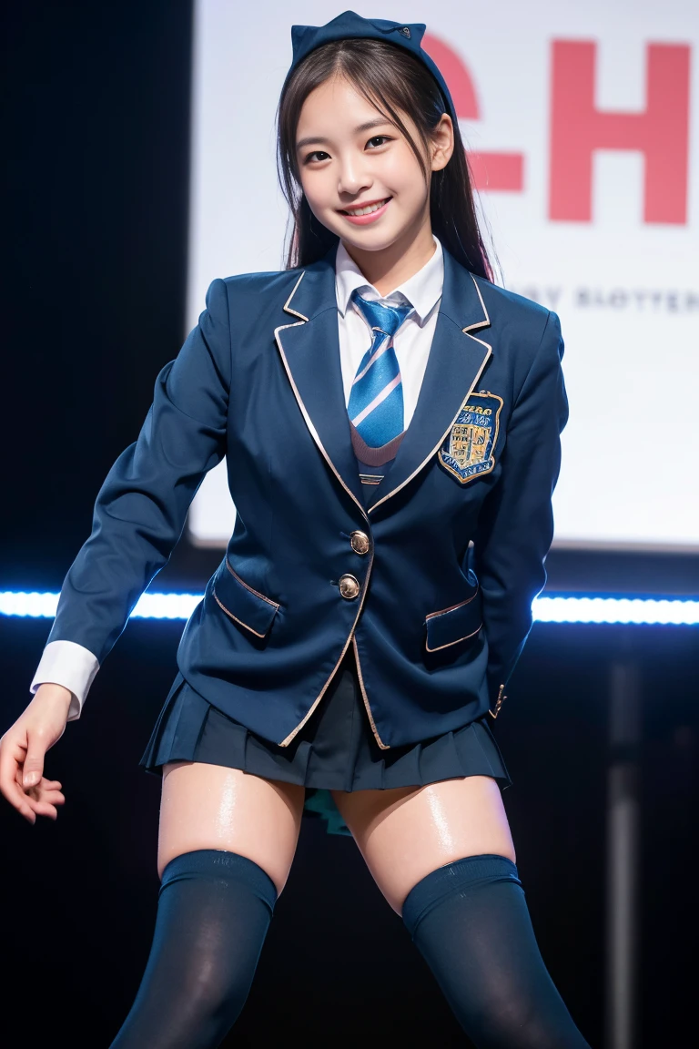 (8K), (highest quality: 1.2), (Realistic), (Realistic: 1.37), Ultra-high resolution, 1 girl, cute, (Embarrassed smile:1.2), (Blushing:1.4),Mouth closed, Beautiful details, Beautiful Nose, Wet Hair, giant dulcefo, pork, Thighs,Navel exposed,University Student Uniform,A simple blazer,Pleated skirt,(dark blue high socks:1.4),Dancing on the school stage,(Shiny Thighs:1.4),Medium Shot