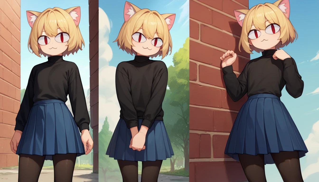 score_9, score_8_up, score_7_up, score_6_up, score_5_up, score_4_up, BREAK, 1boy, solo, necoarc, lit pupils, cat ears, blonde hair, red eyes, :3, turtleneck, blue skirt, pleated skirt, pantyhose, brown footwear, highlight thighs, outdoor, (dynamic poses), (solo portrait), (front view)