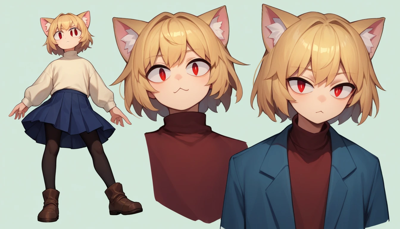 score_9, score_8_up, score_7_up, score_6_up, score_5_up, score_4_up, BREAK, 1boy, solo, necoarc, lit pupils, cat ears, blonde hair, red eyes, :3, turtleneck, blue skirt, pleated skirt, pantyhose, brown footwear, highlight thighs, outdoor, (dynamic poses), (solo portrait), (front view)