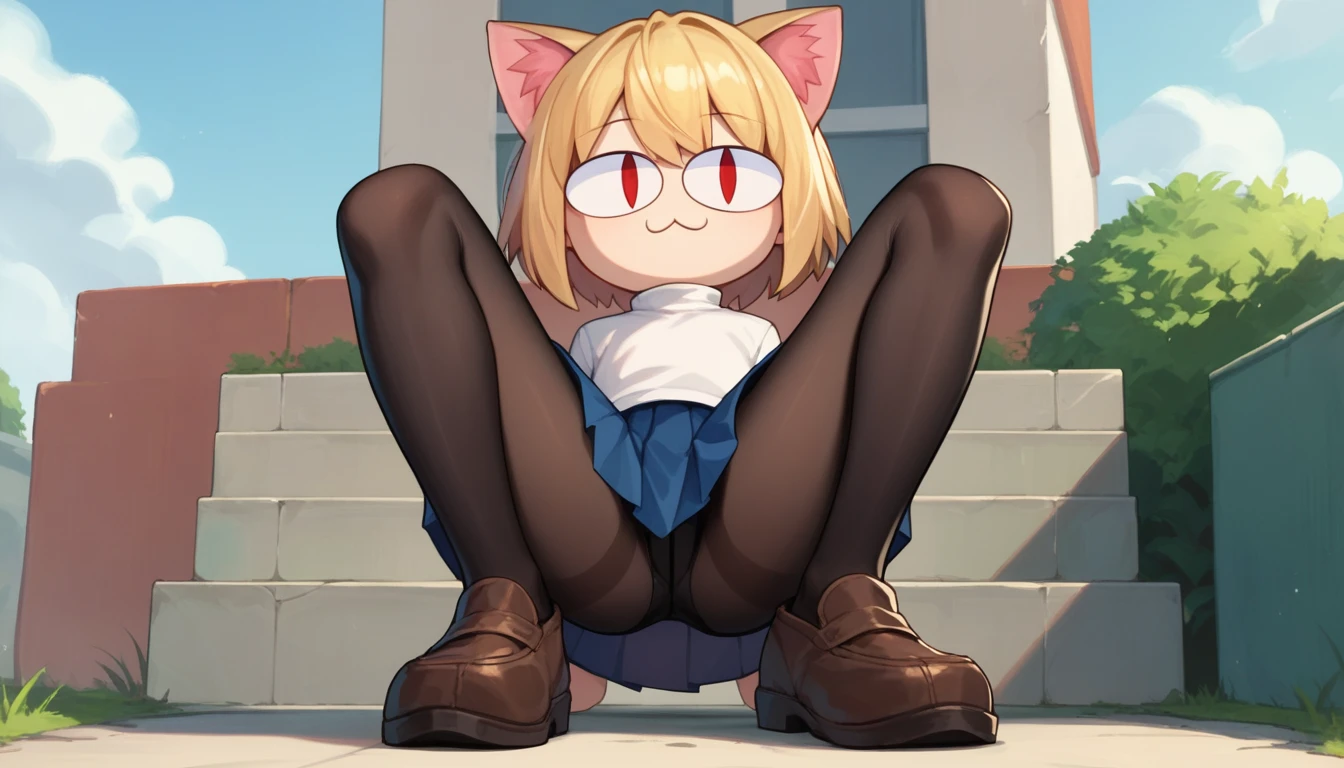 score_9, score_8_up, score_7_up, score_6_up, score_5_up, score_4_up, BREAK, 1boy, solo, necoarc, lit pupils, cat ears, blonde hair, red eyes, :3, turtleneck, blue skirt, pleated skirt, pantyhose, brown footwear, highlight thighs, outdoor, (dynamic poses), (solo portrait), (front view)