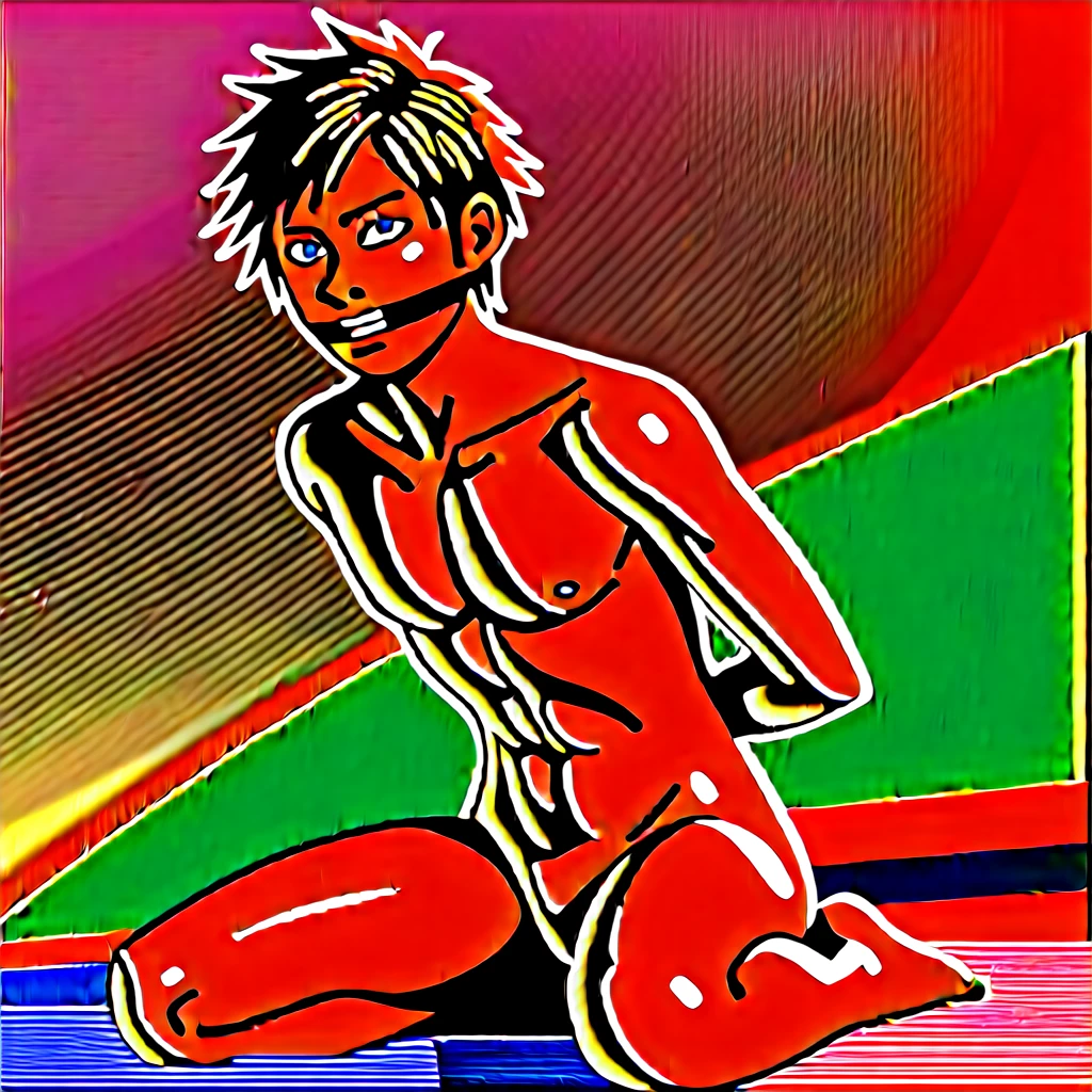 Kingdom hearts、((sky))、Arms behind back(Young boy restrained and with erection、Kneeling with the crotch open、Mouth gag、Black Sweat)、naked、Brown Hair、cute、Spiky hair、Are crying、Looks disgusting、Cyberpunk cityscape((Full body rubber suit、))sexy、front