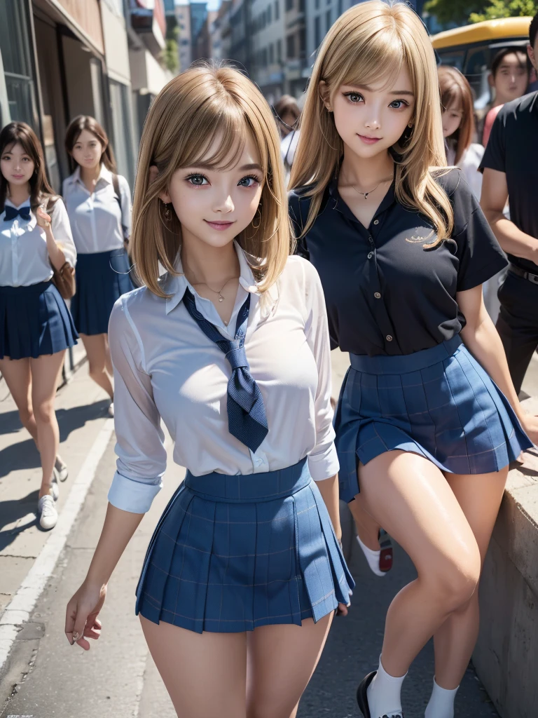 (8K, RAW Photos, Highest quality, masterpiece:1.2), (Realistic, photo-Realistic:1.4), (extremely detailed 8K wallpaper), ((Full Body Shot)), (((1 girl))), Sharp focus, Depth of written boundary, Cinematic lighting, Soft Light, (緻密な美しさのeye, eye_Chan, Very beautiful 17 year old girl, innocent big eyes, Realistic, photo Realistic, Highly detailed cute girl, (Thin thighs), (Model Body Type), (Blonde), (Long Bob Hair), (Asymmetrical bangs), ((A happy smile)), Glowing Skin, Ultra-dense skin ,High resolution, High Detail, Detailed hairstyle, Detailed facial beauty, hyper Realistic, Perfect limbs, Perfect Anatomy, Perfect female body, (school uniform:1.3),(Mini Skirt Blue Checkered Micro Mini Skirt), Watching the audience, (Crowded city street:1.3)