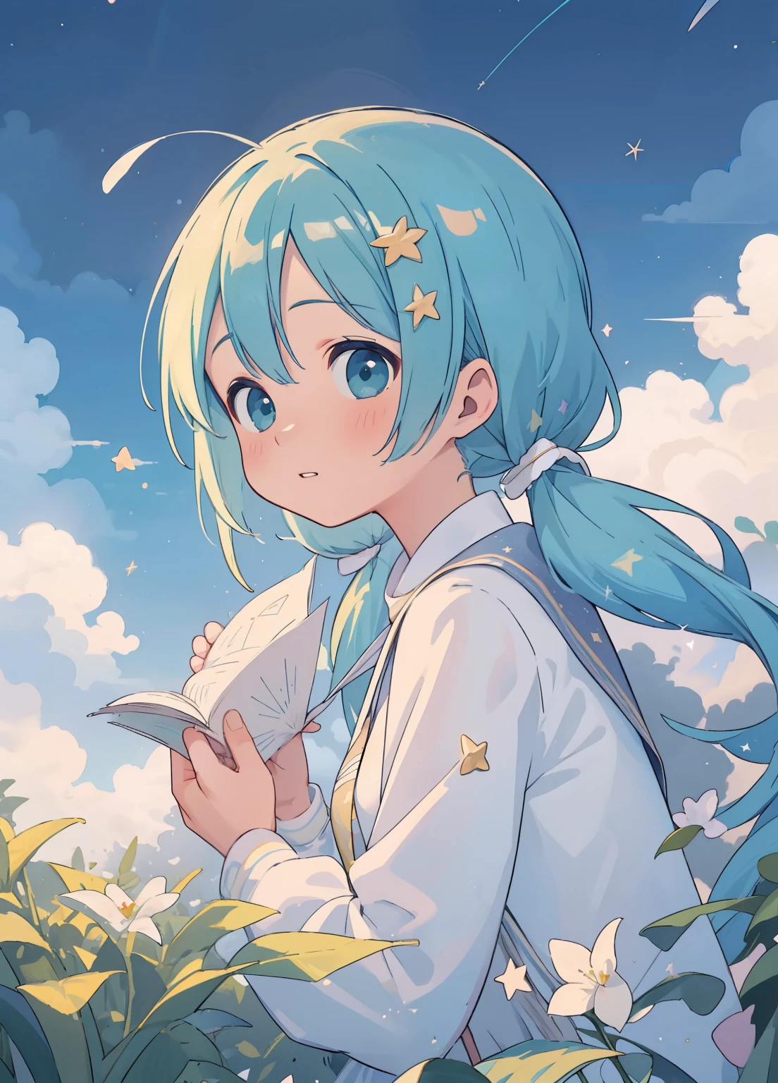 (masterpiece、Highest quality、Highest quality、Official Art、Beautiful and beautiful:1.2)、(One girl:1.3)Hatsune Miku、Twin tails,Beautiful breasts,Starry Sky、milky way、Tanabata、Orihime、Altair、Deneb、altair、Vega、Summer Great Triangle、Looking up at the night sky、grassland、shooting star、Bamboo leaf、Wish on a strip of paper、Night sky full of sky、Front angle