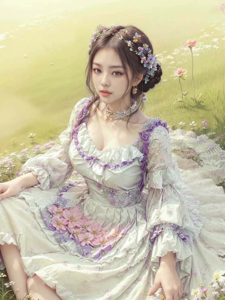 large-breasted Araffe woman in a simple dress with a deep neckline sitting in a flower field with flowers on the dress, hair tied in a bun, Sakimichan, lovely languid princess, rococo dress, Beautiful lady, flower dream, palace ， a girl in hanfu, colorful renaissance dress, Beautiful lady de fantasía, lady in bright flower dress, Rococo queen, romantic dress, beautiful dolphin, floral collar with ruffles